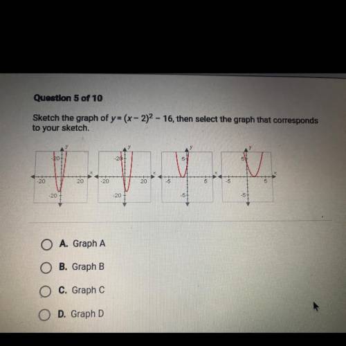 Sketch the graph of y = (x - 2)2 - 16, then select the graph that corresponds

to your sketch
20
A