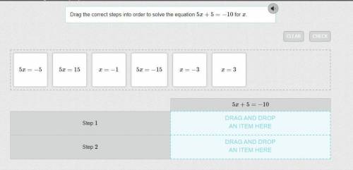 Please help! Drag the correct steps into order to solve the equation 5x+5=−10 for x. (see the attac