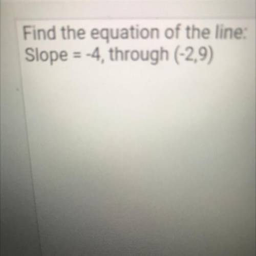 Find the equation of the line slope =-4 through (-2,9)