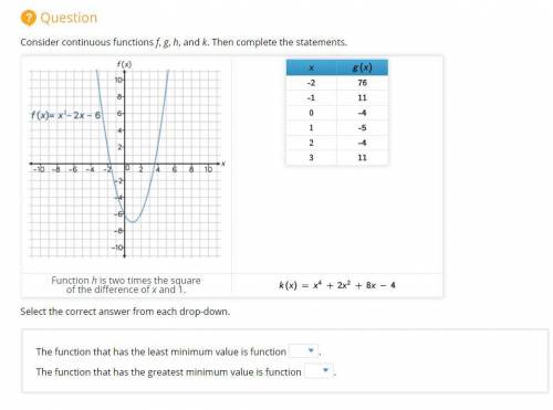 Question 1

Question
Consider continuous functions f, g, h, and k. Then complete the statements.
F