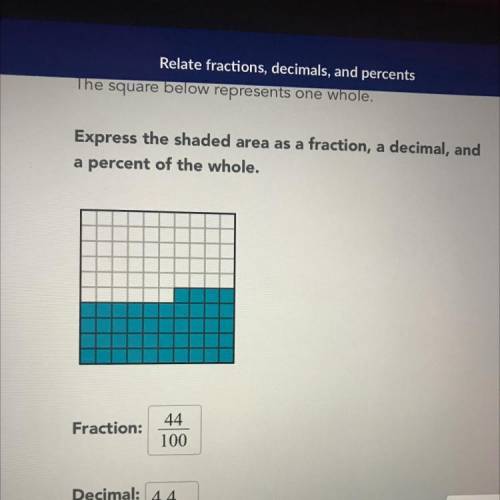 Express the shaded area as a fraction, a decimal, and
a percent of the whole.