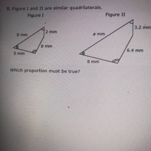 Figure I and figure II are similar quadrilaterals.

 
Which proportion must be true? 
A. a/b = 8/2