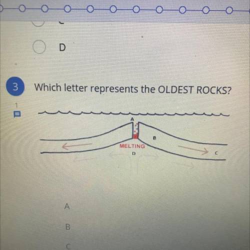 SCIENCE NEED HELP ASAP

Which letter represents the OLDEST ROCKS?
MELTING
D
A
B
C
D
