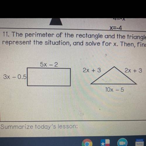 Help please!!

The perimeter of the rectangle and the triangle shown are the same. Write an equati