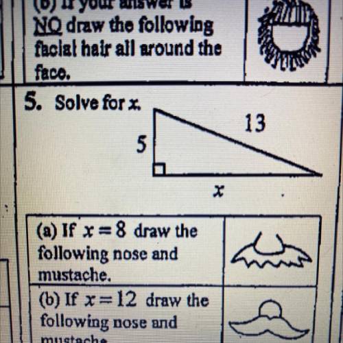5. Solve for x.

13
5
X
(a) If x=8 draw the
following nose and
mustache.
(b) If x=12 draw the
foll