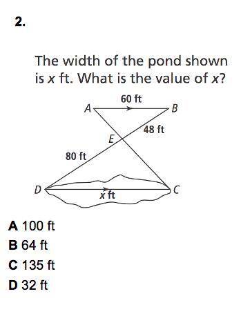 PLZ complete all :)

1.Given STU and DEF, what is m∠U
2.The width of the pond is shown in x feet.