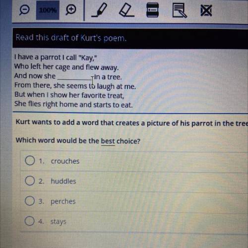 Kurt wants to add a word that creates a picture of his parrot in the tree.

Which word would be th