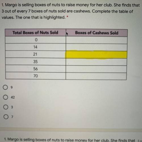1. Margo is selling boxes of nuts to raise money for her club. She finds that

3 out of every 7 bo