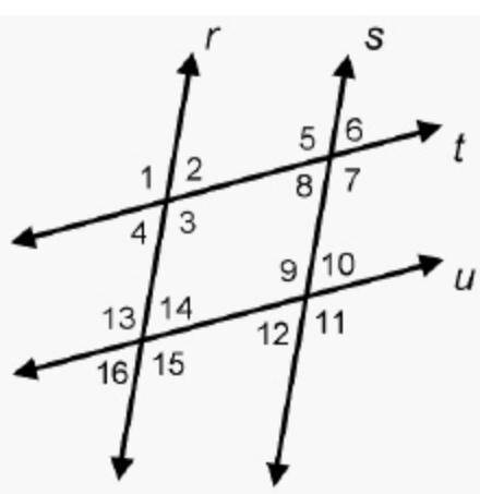 Parallel lines r and s are cut by two transversals, parallel lines t and u.

Which angles are corr