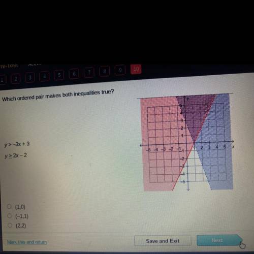 Which ordered pair makes both inequalities true?

y> -3x + 3
y2x-2
HELP ASAP TIMED TEST