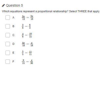 Which equations represent a proportional relationship? Select THREE that apply.