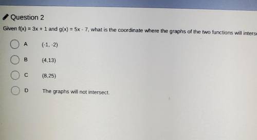 V Pause Q Zoom Question 2 Given f(x) = 3x + 1 and g(x) = 5x - 7, what is the coordinate where the g