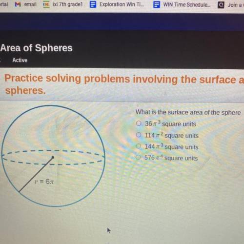 What is the surface area of the sphere

O 36T Square units
O 114 square units
O 144n square units