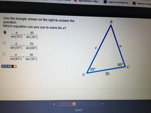 Use the triangle shown on the right to answer the question. Which equation can you use to solve for