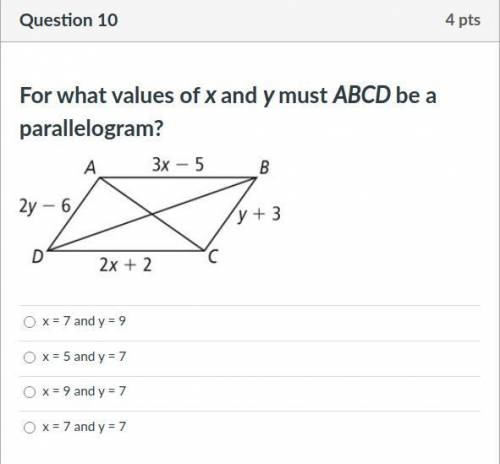For what values of x and y must ABCD be a parallelogram?