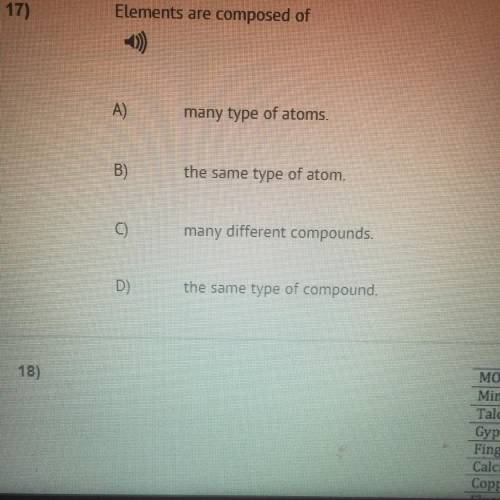 Elements are composed of

A) many type of atoms
B) the same type of atom
C) many different compoun