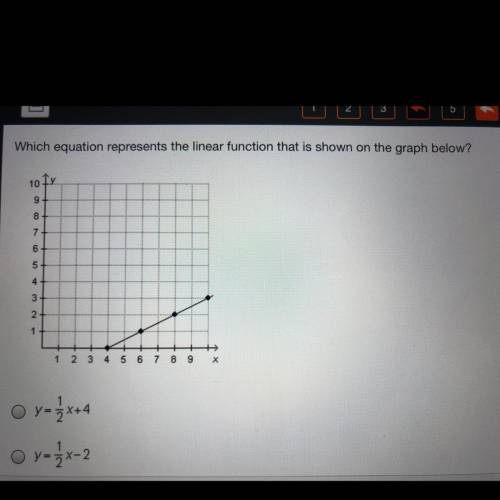 Which equation represents the linear function that is shown on the graph below ?

A. Y=1/2 x+4 
B.