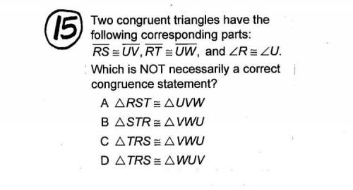 Two congruent triangles have the following corresponding parts: overline RS cong overline UV , over