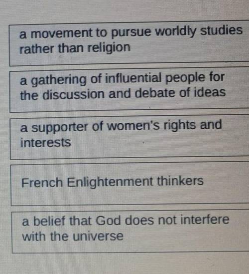 Match these with the pictures

1. salon 2. secularism 3. feminist4. deism5. philosophes