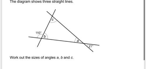 The diagram shows three straight lines, work out the sizes of angles a b and c