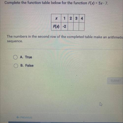 Complete the function table below for the function F(x) = 5x-7.

X1 2 3 4
FX)-2
The numbers in the