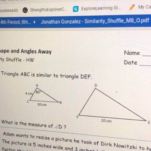 1. Triangle ABC is similar to triangle DEF.

D
А
80
4 cm
B
С
10 cm
20 cm
E
What is the measure of