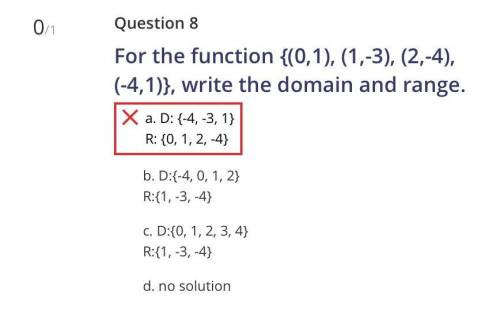 For the function {(0,1), (1,-3), (2,-4), (-4,1)}, write the domain and range.