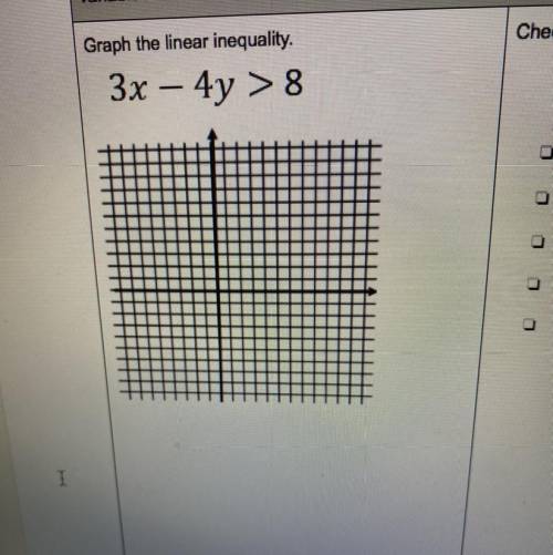 Graph the linear inequality.
3x – 4y > 8
HELP ASAP