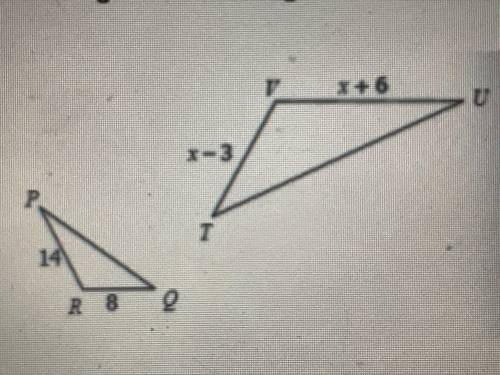 If triangle PQR ~ triangle UTV, find the value x.