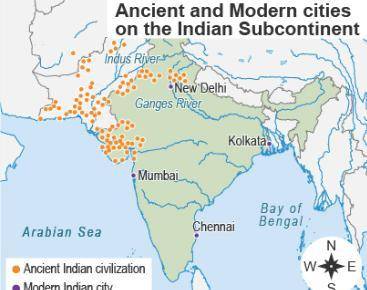 The map shows ancient and modern cities on the Indian subcontinent.

A map titled Ancient and Mode