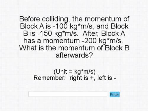 Before colliding, the momentum of Block A is -100 kg*m/s, and Block B is -150 kg*m/s. After, Block