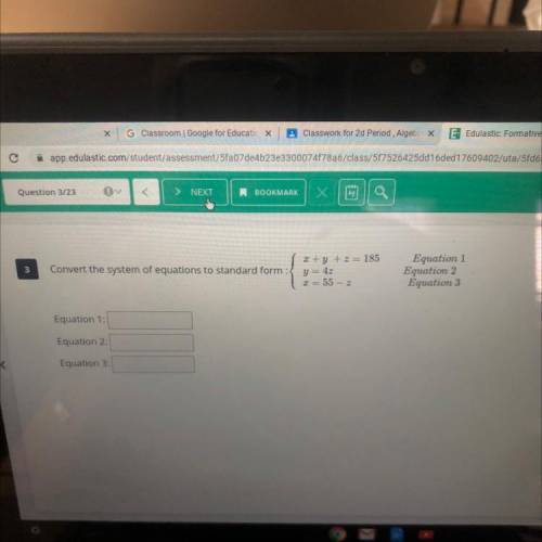 ALEGRA 2 HELP PLEASE Convert the system of equations to standard form:

x + y + z = 185 Equation 1