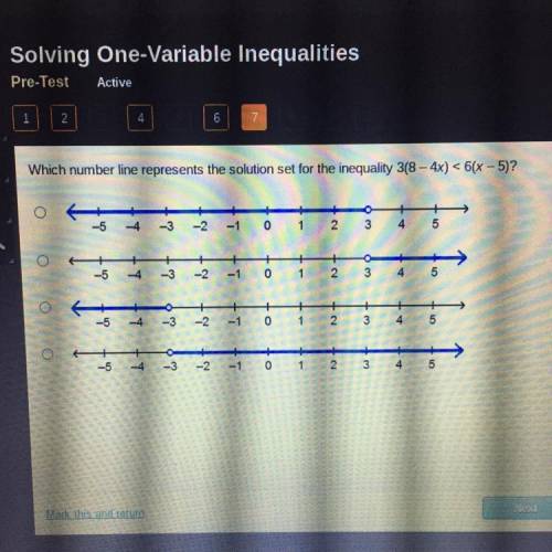 Which number line represents the solution set for theinequality 3(8 - 4x) < 6(x - 5)?