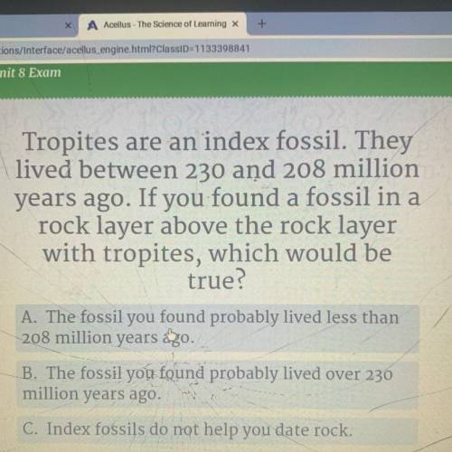 Helppp

Tropites are an index fossil. They
lived between 230 and 208 million
years ago. If you fou