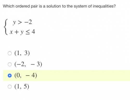 Which ordered pair is a solution to the system of inequalities?
y>−2 and x+y≤4