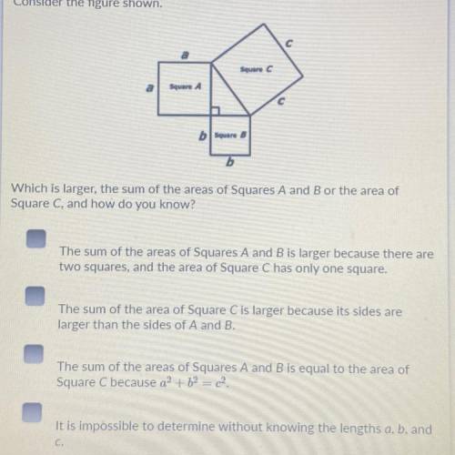 Which is larger, the sum of the areas of square A and B or the area of Square C, and how do you kno