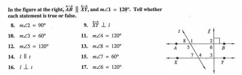 In the figure at the right AB || XY, and m<1 = 120. Tell weather each statement is true or false