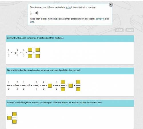 Two students use different methods to solve this multiplication problem: 1/2 ⋅ −2 2/5