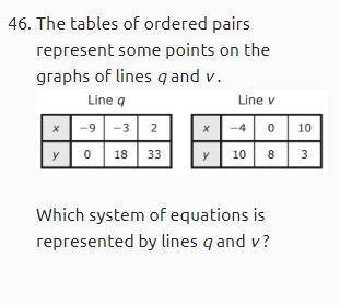 The tables of ordered pairs represent some points on the graphs of lines q and v .

Which system o