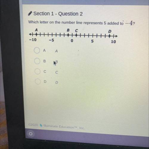 Section 1 - Question 2

Which letter on the number line represents 5 added to — 4?
А
B с
D
+
+
-10