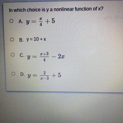 In which choice is y a nonlinear function of x?