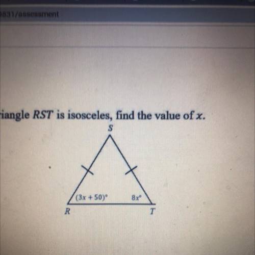 Given that triangle RST is isosceles, find the value of x.