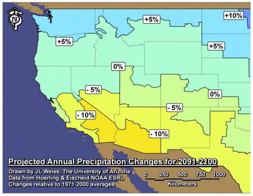 The map shows scientists’ prediction on projected annual precipitation changes in the future (2091-
