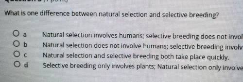 What is one difference between natural selection and selective breeding? Natural selection involves