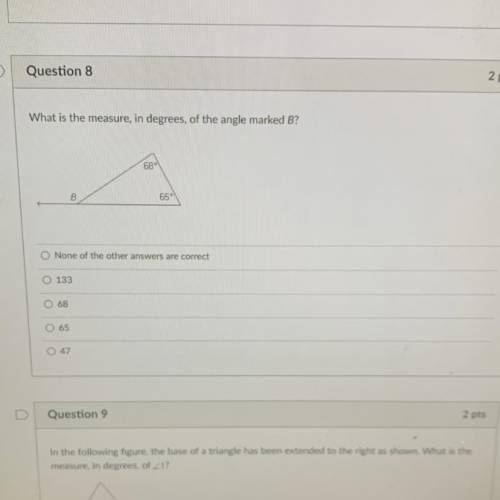 What is the measure, in degrees, of the angle marked B?