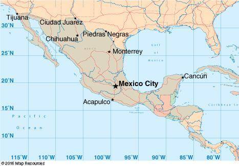 Using the map below, explain how to find the longitude and latitude of Mexico City. Be sure to prov