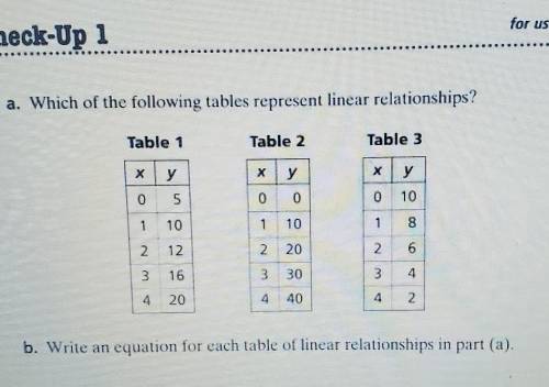 find what following tables represent an linear realationship. write an equation for each table of l