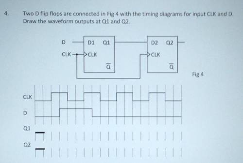 4.

Two D flip flops are connected in Fig 4 with the timing diagrams for input CLK and D.Draw the