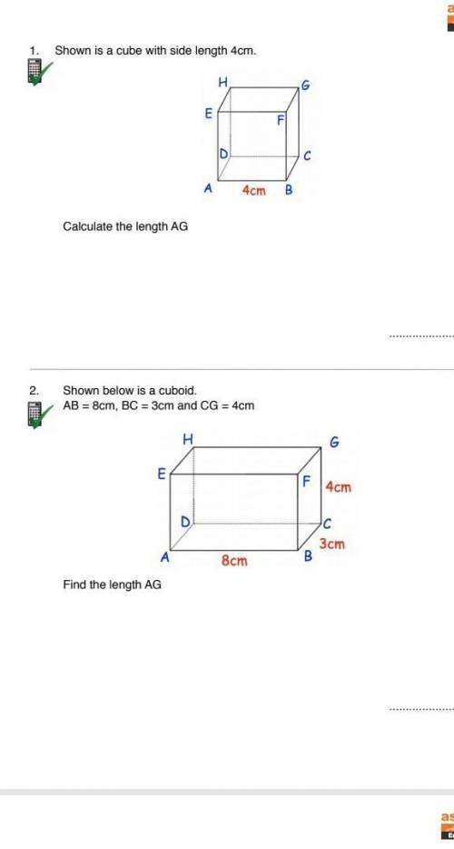 Shown is a cube with side length 4cm. Calculate the length AG