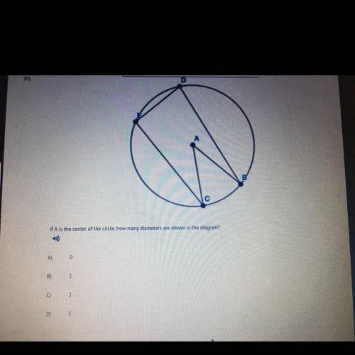 HELP ASAPP!!
If A is the center of the circle, how many diameters are shown in the diagram?